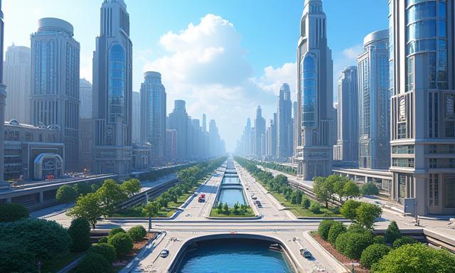 Captura de ecrã do jogo City Builders Mobile mostrando uma cidade futurista movimentada