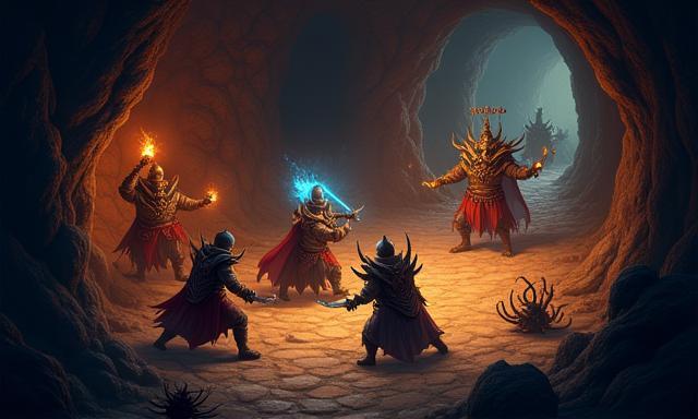 Captura de ecrã do jogo Dungeon Delvers Online mostrando personagens a lutar contra monstros numa caverna